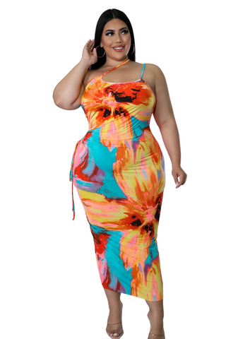 Final Sale Plus Size Sleeveless Double Spaghetti Strap One Shoulder BodyCon Dress in Yellow Turquoise Orange Pink and Red