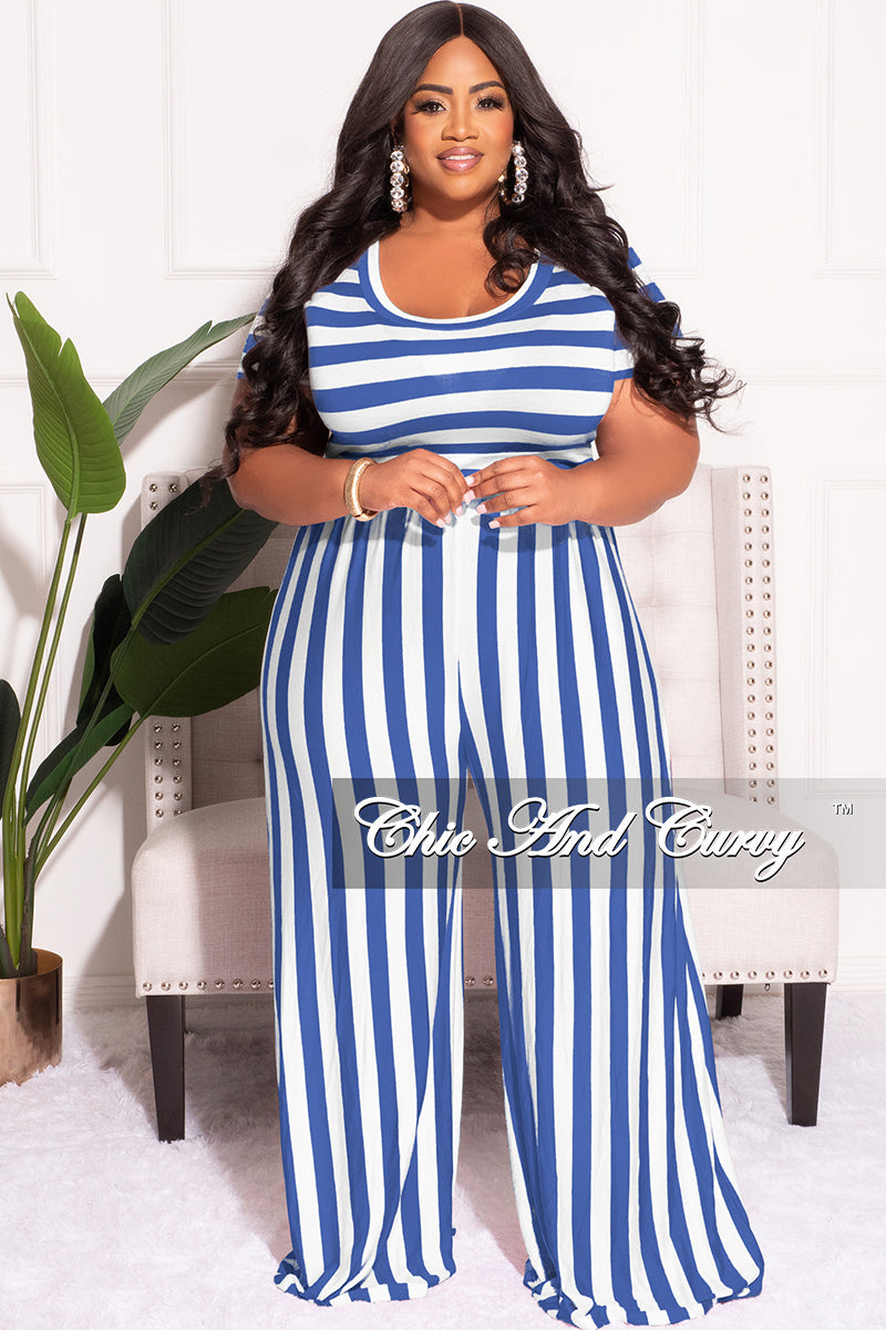 Final Sale Plus Size Short Sleeve Jumpsuit in Blue and White Stripes