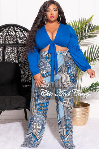 Final Sale Plus Size 2pc Crop Tie Top and Pants Set in Royal Blue Design Print
