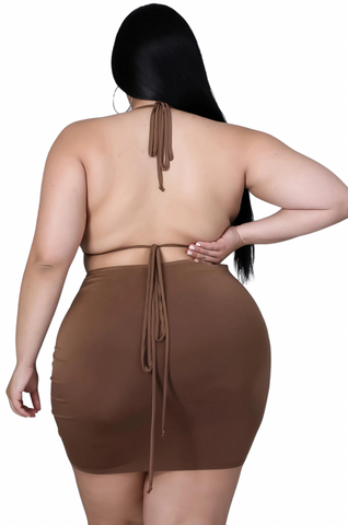 Final Sale Plus Size 3pc Set Bikini Top, Briefs & Ruched Skirt in Brown Summer