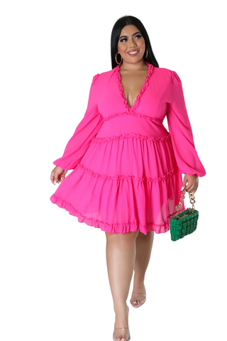 Final Sale Plus Size Chiffon Dress with V-Neck in Fuchsia