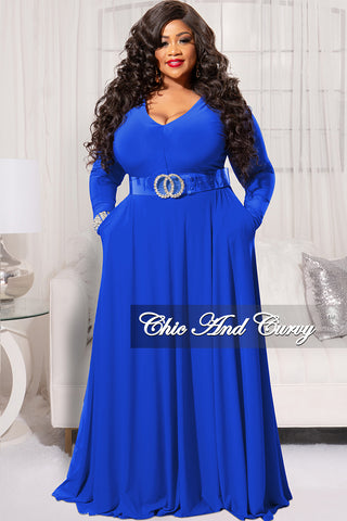 Final Sale Plus Size Long Sleeve Gown with V-Neck in Royal Blue