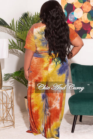 Final Sale Plus Size 2pc Short Sleeve Tie Top and Pants Set in Rust Navy and Mustard Tie Dye Print