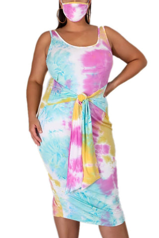 Final Sale Plus Size Tie Bodycon Dress in Pastel Tie Dye