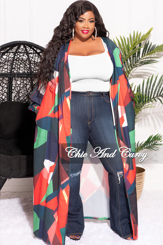 Final Sale Plus Size Sheer Chiffon Duster with Waist Tie and Rhinestone Cuff in Navy Red and Green Design Print