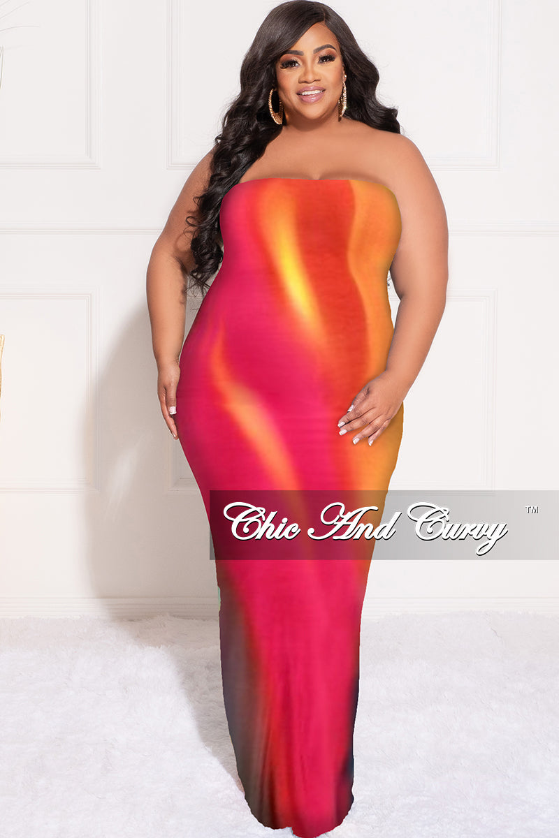 Final Sale Plus Size Strapless Tube BodyCon Dress with Back Slit in Fuchsia Multi Color Print