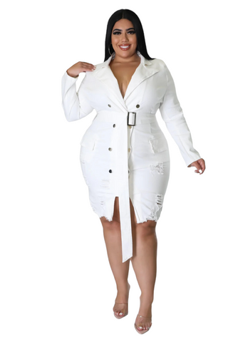 Final Sale Plus Size Collar Button Up Distress Dress in Off White/Ivory