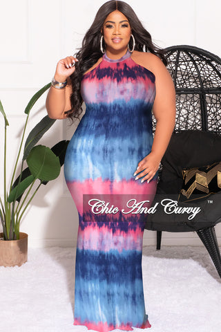 Final Sale Plus Size Halter Neck Sleeveless Mermaid Dress in Pink and Blue Tie Dye Print