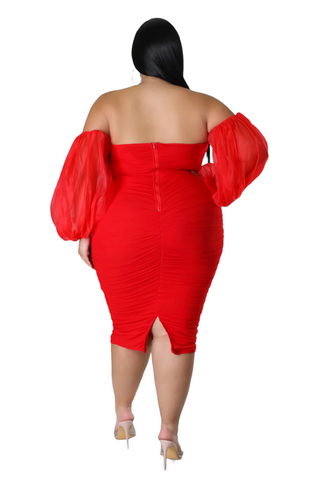 Final Sale Plus Size Mesh Shirring Tube Midi Dress with Mesh Sleeves in Red