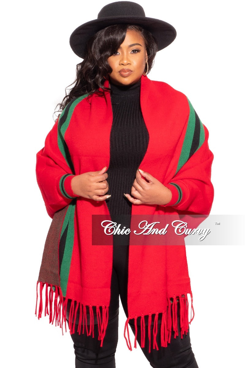 Striped Poncho Shaw One Size - Red, Navy, Ivory, or Tan