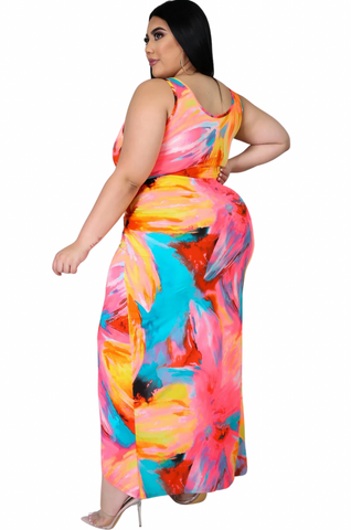 Final Sale Plus Size 2-Piece Set Poolside Playsuit with Cutout Front Bodysuit & High Split Skirt in Coral Floral Multi Color Print