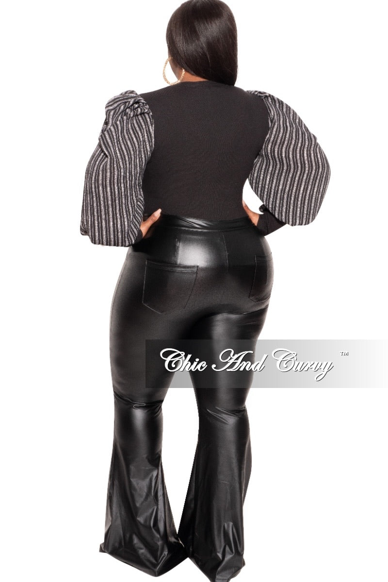 Final Sale Plus Size Long Sleeve Ribbed Top with Puffy Sleeves in Black Stripe Print