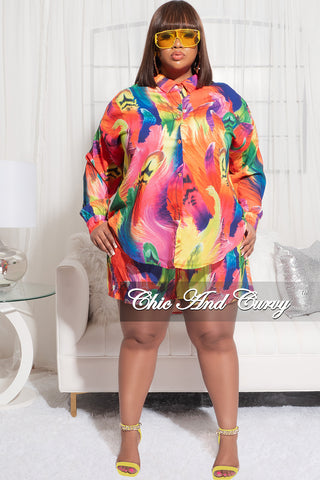 Final Sale Plus Size 2pc Collar Button Up Top and Short Set in Multi Color Print