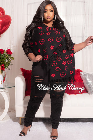 Final Sale Striped Poncho Shaw in Black and Red Design Print