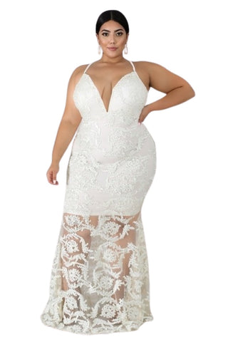 Final Sale Plus Size Gown with Deep V and Mermaid Bottom in Ivory