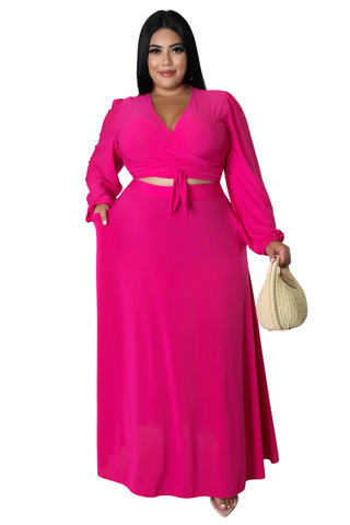 Final Sale Plus Size 2pc Long Sleeve Crop Tie Top and Skirt Set in Fuchsia