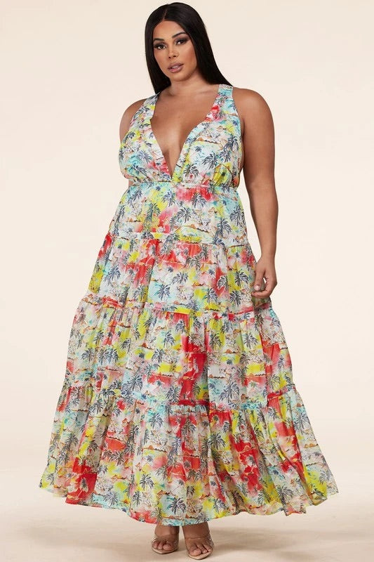 Final Sale Plus Size Chiffon Maxi Dress with Open Criss Cross Back in Soft Floral Print