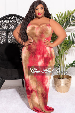 Final Sale Plus Size Spaghetti Strap Maxi Dress in Red and Brown Tie Dye