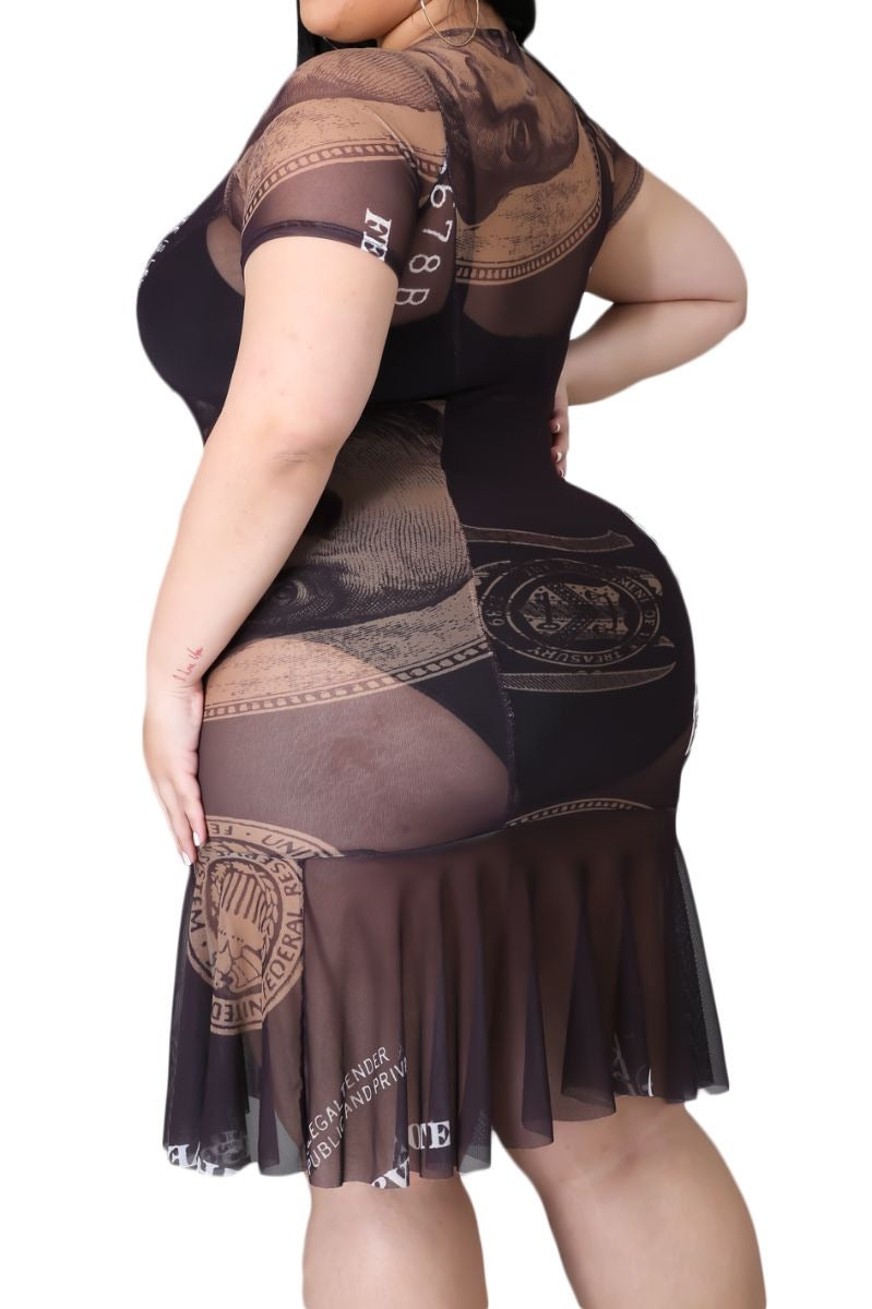 Final Sale Plus Size Lace Up Brown Money Print Sheer Mesh Dress Chic And Curvy Final Sale Plus Size Lace Up Brown Money Print Sheer Mesh Dress Chic And Curvy