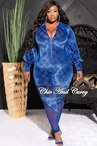 Final Sale Plus Size Velvet Mesh Contrast Zip-Up Jumpsuit in Royal Blue