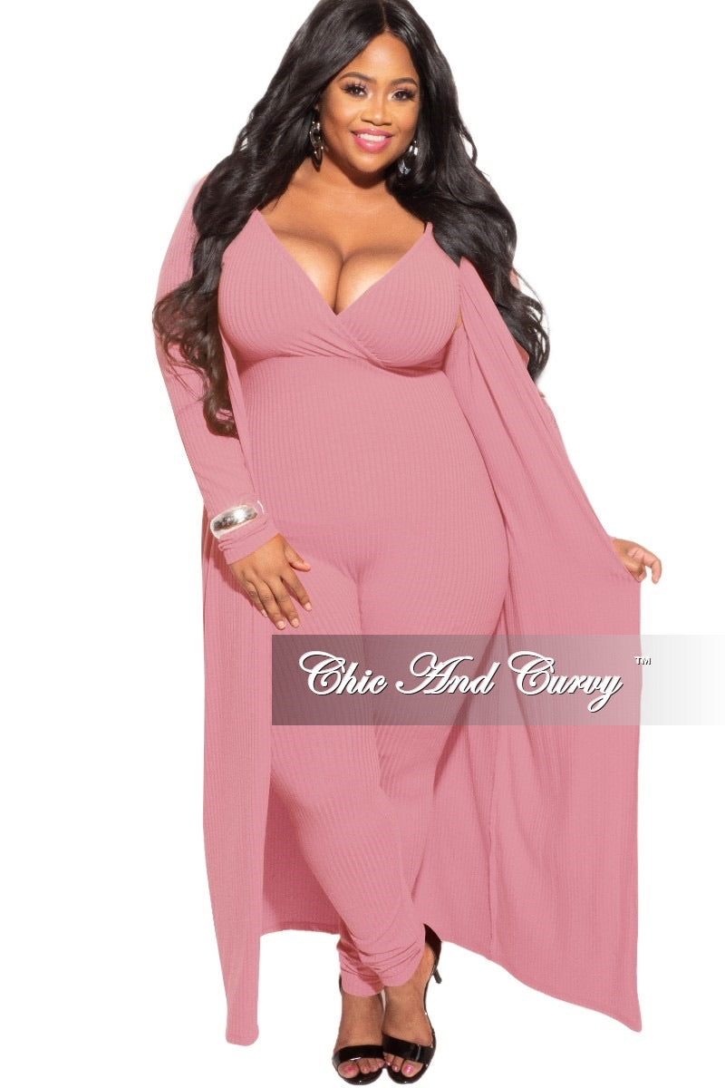 Final Sale Plus Size 2-Piece Duster and Jumpsuit Set in Pink