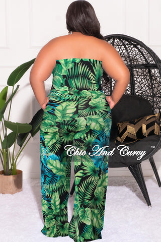 Final Sale Plus Size Strapless Jumpsuit with Waist Tie in Green & Turquoise Palm Print