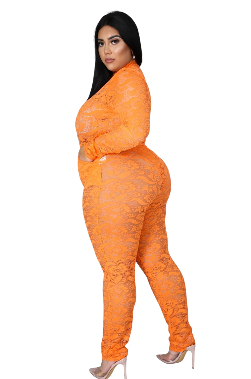 Final Sale Plus Size 2pc Lace Bodysuit & Pants in Orange