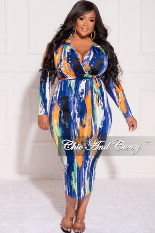 Final Sale Plus Size Collar Faux Wrap BodyCon with Waist Tie in Blue White and Orange Brush Stroke Print