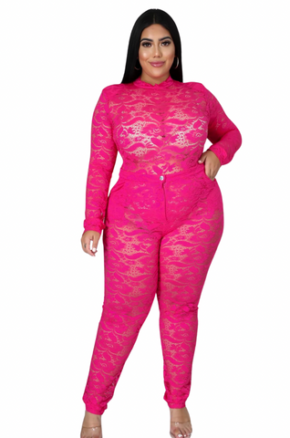 Final Sale Plus Size 2pc Lace Bodysuit & Pants in Fuchsia