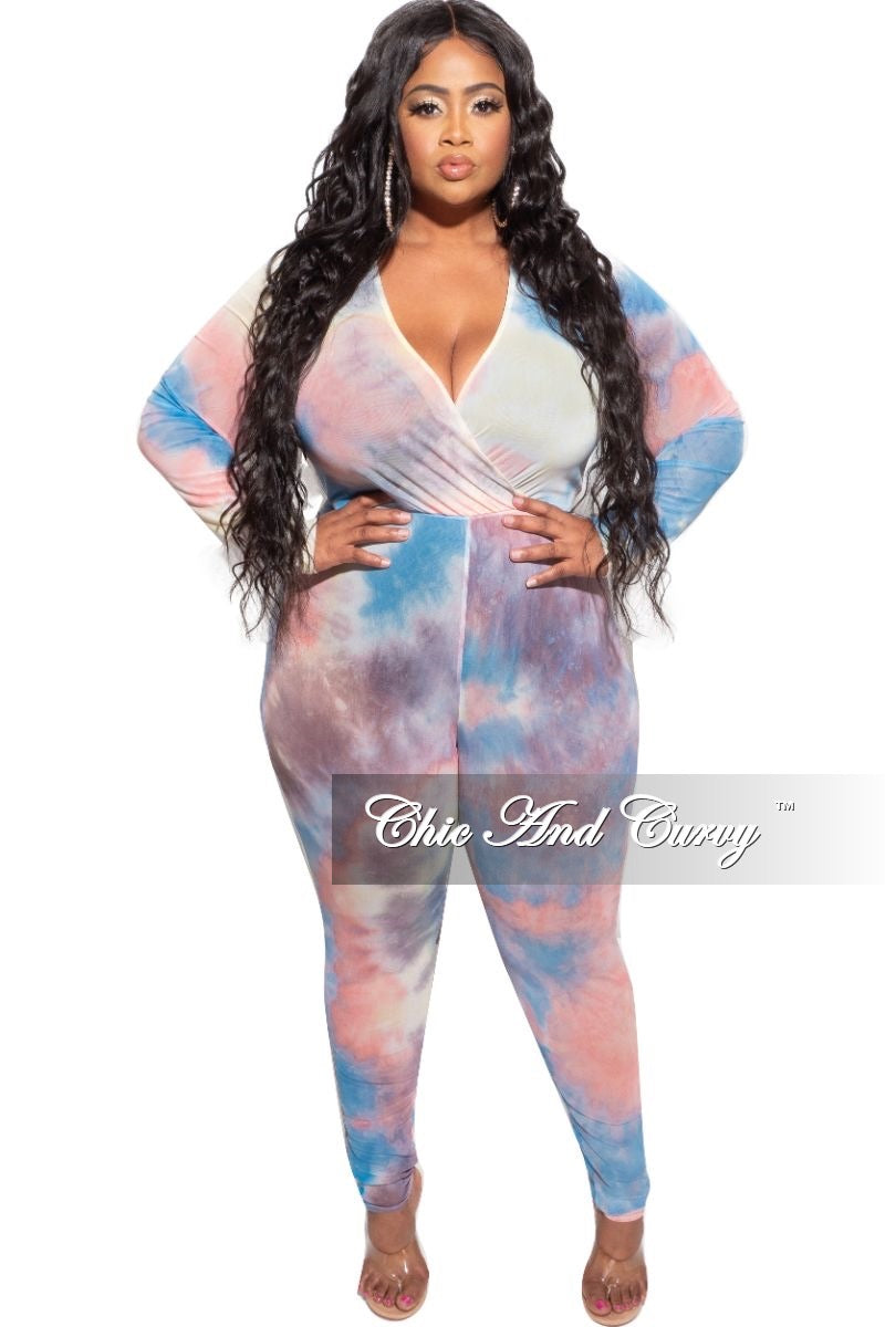 Final Sale Plus Size Faux Wrap Mesh Jumpsuit in Pink, Yellow and Blue Tie Dye