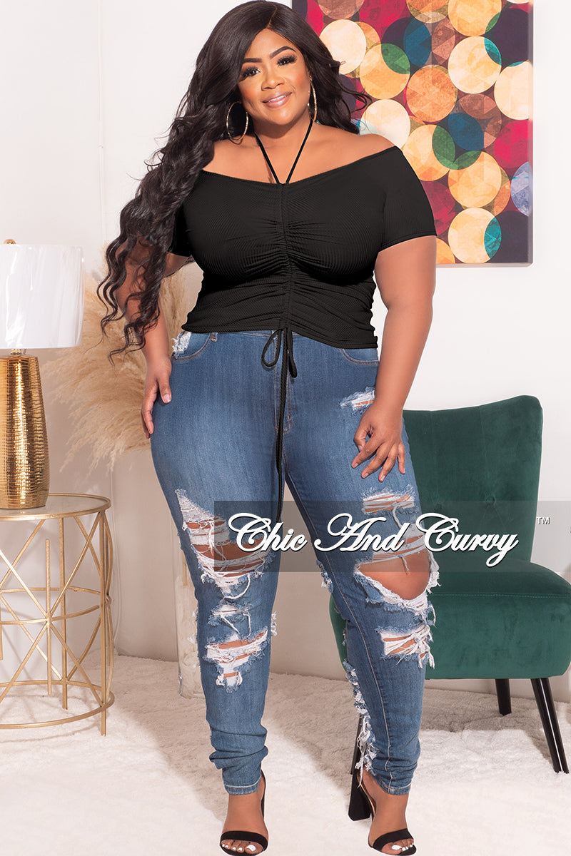 Final Sale Plus Size Ribbed Ruched Drawstring Crop Top in Black