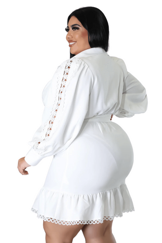 Final Sale Plus Size Collar Button Up Dress with Ruffle Bottom in Off White