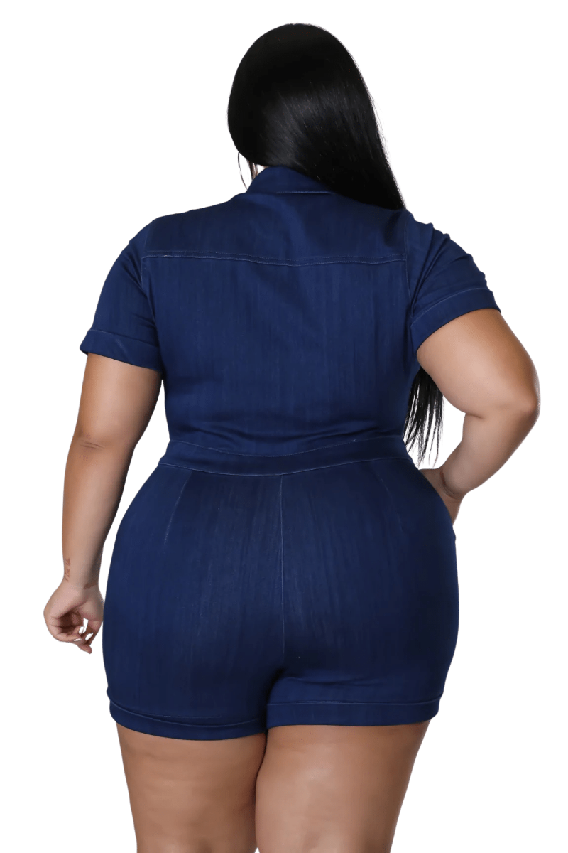 Final Sale Plus Size Short Sleeve Dark Denim Zip Up Romper Chic