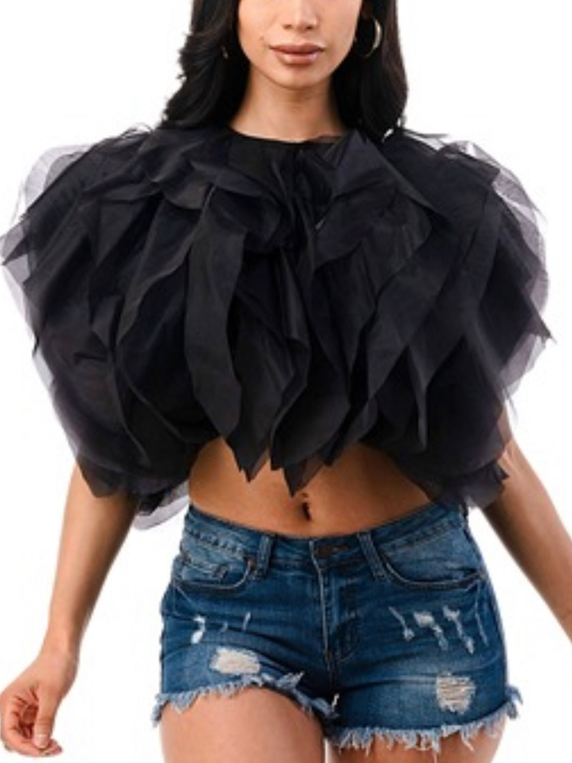 Final Sale Plus Size Sleeveless Ruffle Tulle Crop Top Blouse in Black