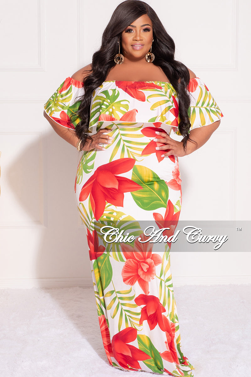 Final Sale Plus Size Off the Shoulder Ruffle Overlay Maxi Gown in White, Red, and Green Floral Print