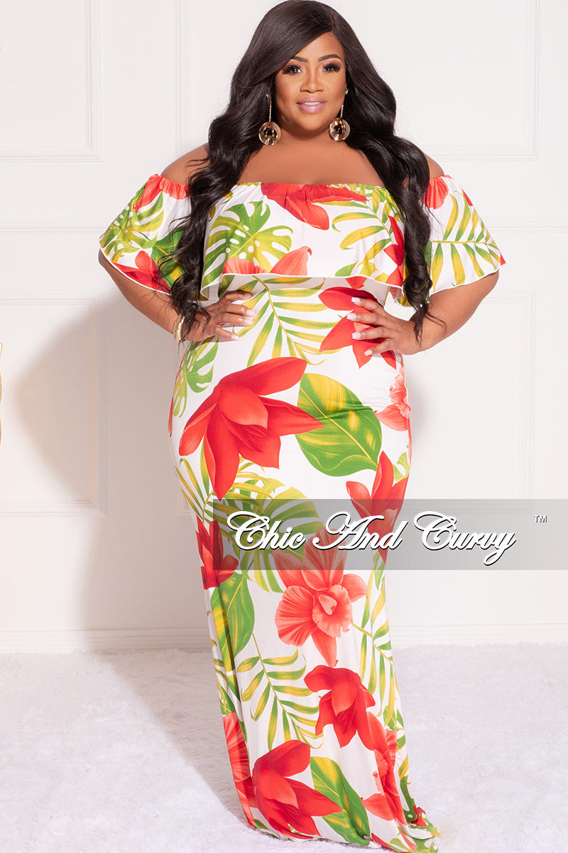 Final Sale Plus Size Off the Shoulder Ruffle Overlay Maxi Gown in White, Red, and Green Floral Print - 2x 18/20 Final Sale Plus Size Off the Shoulder Ruffle Overlay Maxi Gown in White, Red, and Green Floral Print - 2x 18/20