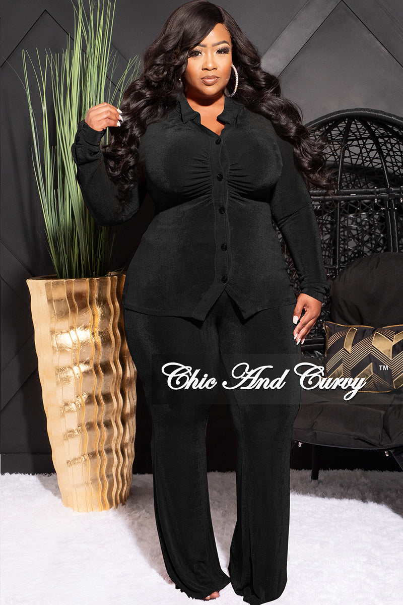 Final Sale Plus Size 2pc Slinky Button Up Collar Top and Pants Set