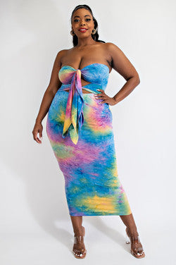 Final Sale Plus Size Strapless Bodycon Dress with Double Tie in Rainbow Cloud Tie Dye Print