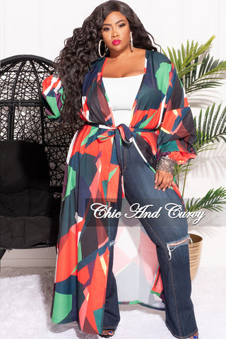 Final Sale Plus Size Sheer Chiffon Duster with Waist Tie and Rhinestone Cuff in Navy Red and Green Design Print