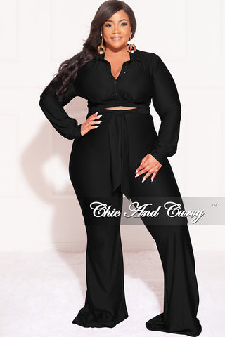 Final Sale Plus Size Shiny 2pc Collar Button Up Crop Tie Top and Bell Bottom Pants Set in Black