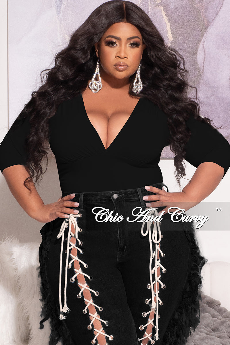 Final Sale Plus Size Deep V Top with Ruched Sides in Black