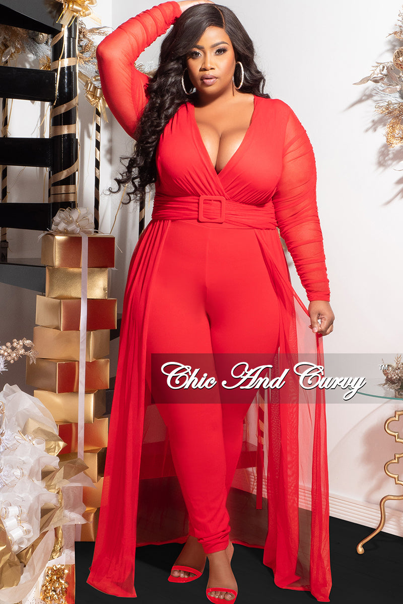 Final Sale Plus Size Mesh Ruched Sleeve Jumpsuit with Attached Long Skirt in Red