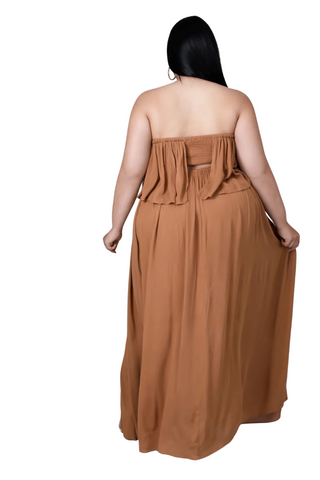Final Sale Plus Size Strapless Ruffle Dress with Side Slit in Mocha
