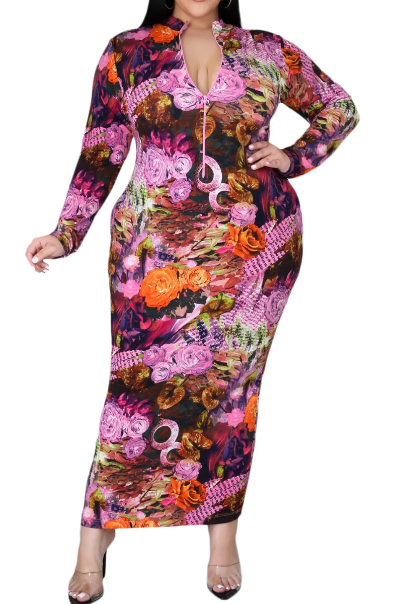 Final Sale Plus Size Bodycon Dress in Fuchsia Multi-Color Print