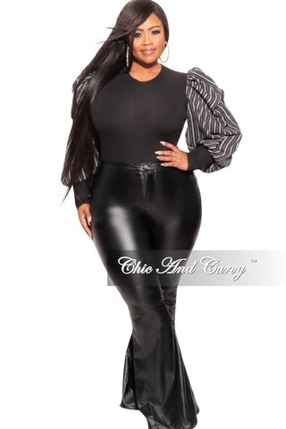 Final Sale Plus Size Long Sleeve Ribbed Top with Puffy Sleeves in Black Stripe Print