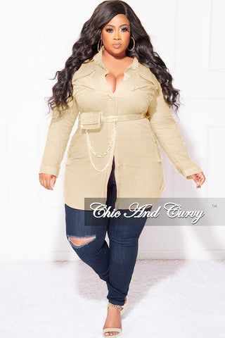 Final Sale Plus Size Collar Button Up Linen Top with Chain Pouch Belt in Tan