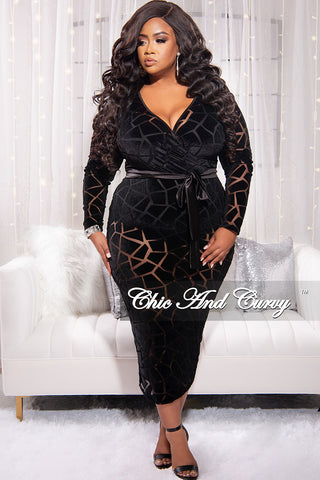 Final Sale Plus Size Sheer Long Sleeve Faux Wrap BodyCon with Waist Tie and Back Slit in Black