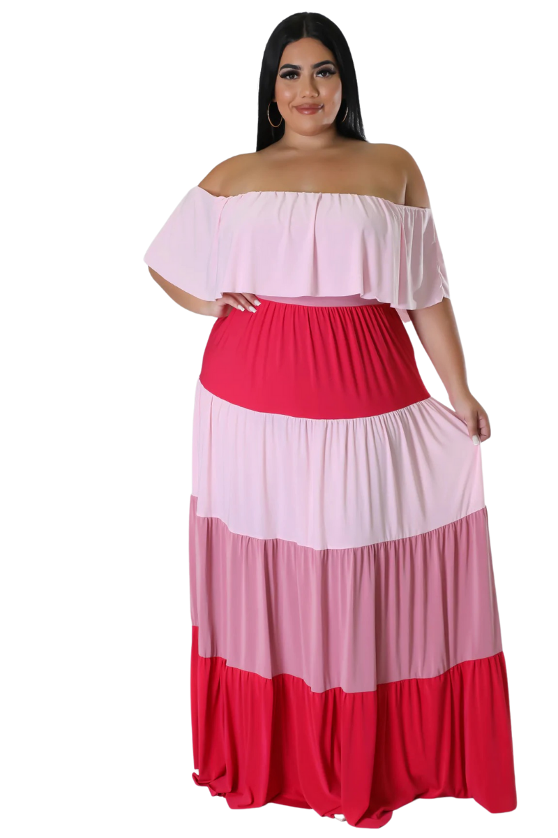 Final Sale Plus Size Off The Shoulder Tiered Maxi Dress in Pink and Red