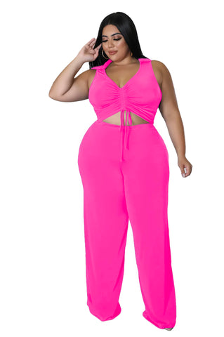 Final Sale Plus Size 2pc Set Crop Top and Pants in Fuchsia