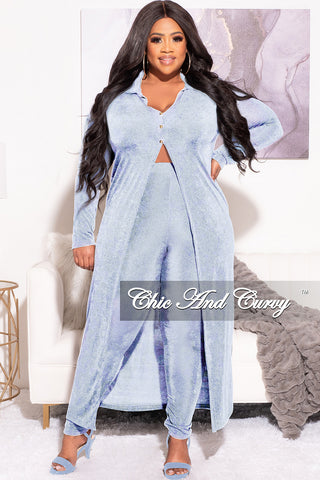 Final Sale Plus Size 2pc Set Duster Top with Front Gold Buttons and Matching Pants in Blue Slinky Fabric
